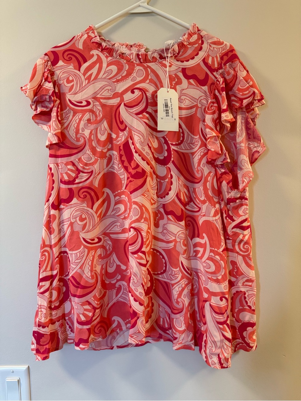 Ruffled Short Sleeve Blouse in Vibrant Pink Swirl